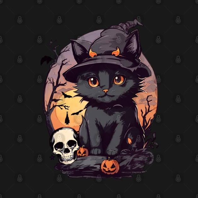 Halloween and cat, cute black cats with witch and cool hat for Halloween season, watercolor style by Collagedream