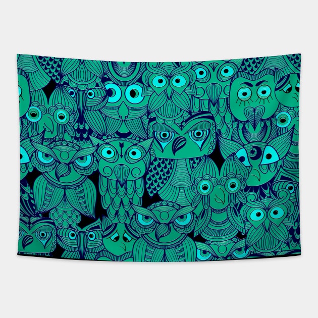 Tribal Design of Whimsical Green Owls Tapestry by Sailfaster Designs