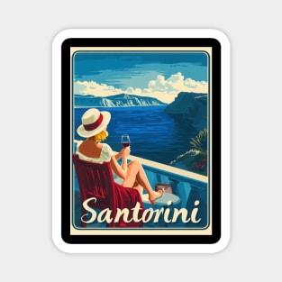 A woman sits on a balcony in Santorini, savoring a glass of wine while admiring the breathtaking view of the sea and cliffs in the afternoon Magnet
