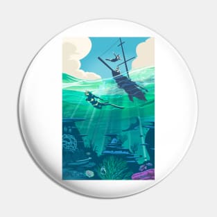 Reef Diver and Snorkeller Retro Sailing Travel Poster Pin