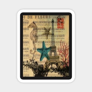 music notes ocean seashells vintage eiffel tower Magnet