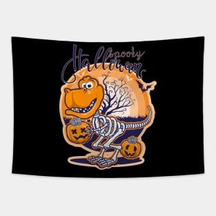 Spooky Halloween Dinosaur Holding pumpkins in a Forest Tapestry