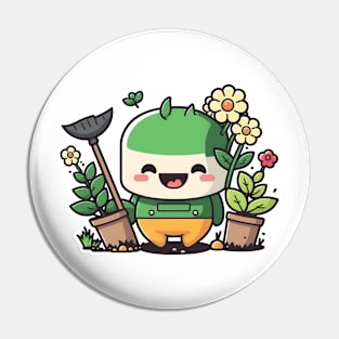 Cute happy kawaii gardener surrounded by beautiful flowers Pin