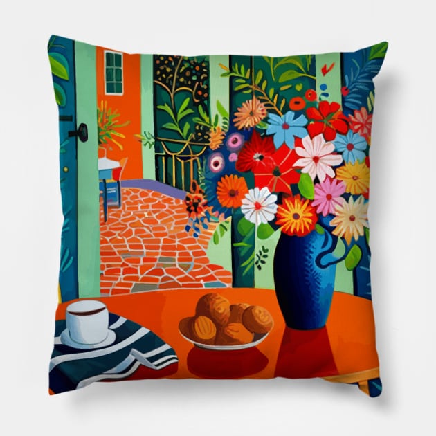 Modern Still Life Painting with Floral Vase and Garden View Pillow by bragova