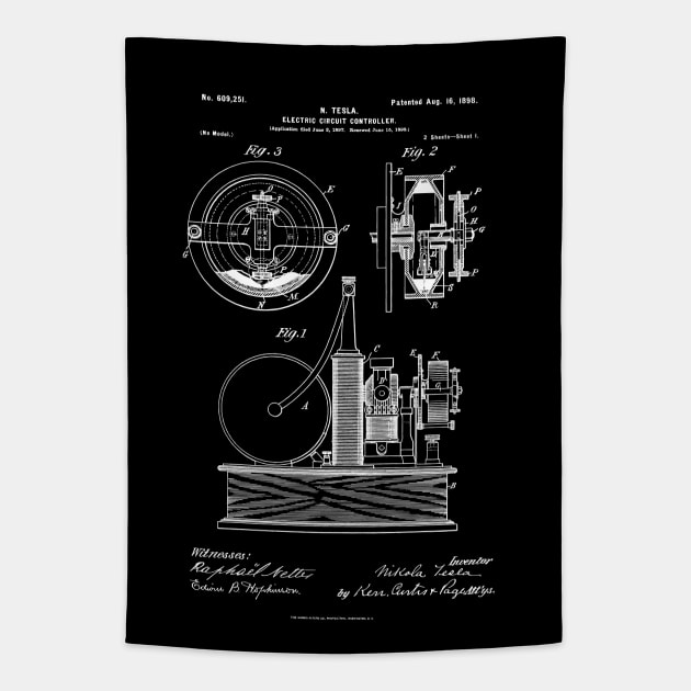 Nikola Tesla 1898 Electrical Circuit Controller Patent Print Tapestry by MadebyDesign