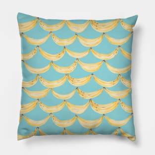 Watercolor painting of yellow bananas on light blue background Pillow