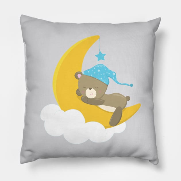 Sleeping Bear, Little Bear, Bear On The Moon Pillow by Jelena Dunčević