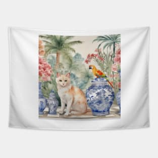 Ginger cat and macaw parrot in chinoiserie landscape Tapestry