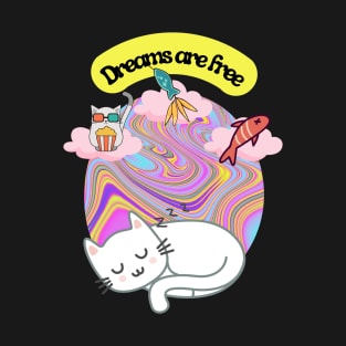White cat dreaming of food and fun in a psychedelic world T-Shirt