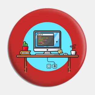 Coding Programmer Workspace with Cactus, Coffee and Book Cartoon Vector Icon Illustration Pin