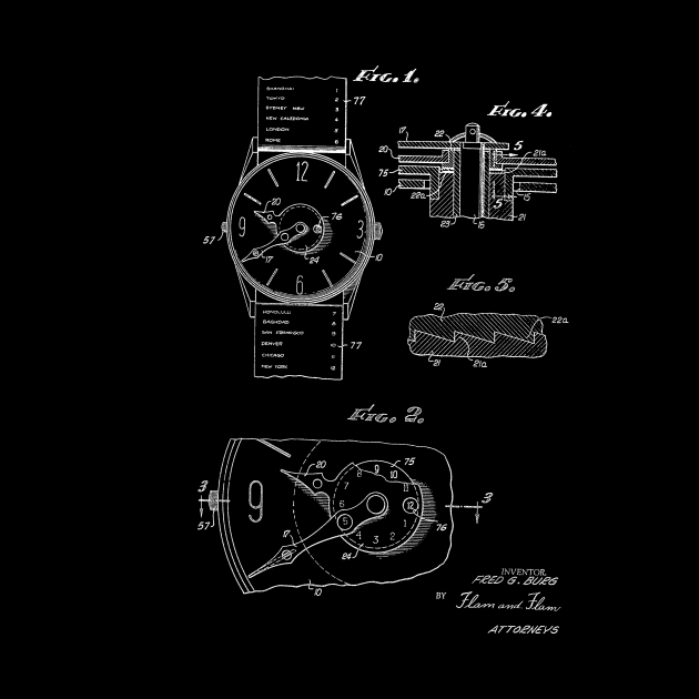 push button time zone watch Vintage Patent Hand Drawing by TheYoungDesigns