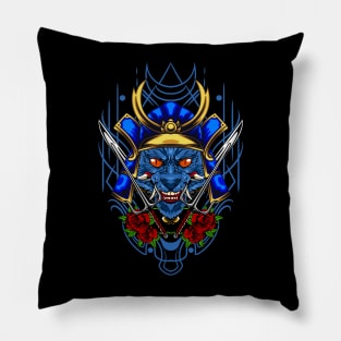 Samurai Cat - Blue Kabuto Pillow