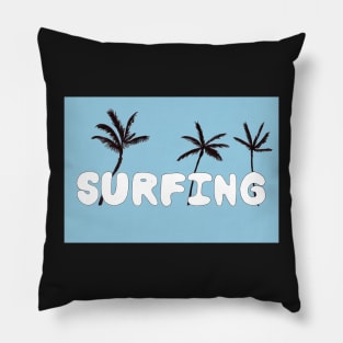 Surfing Lettering with Palm Trees and a Retro Blue Background Pillow