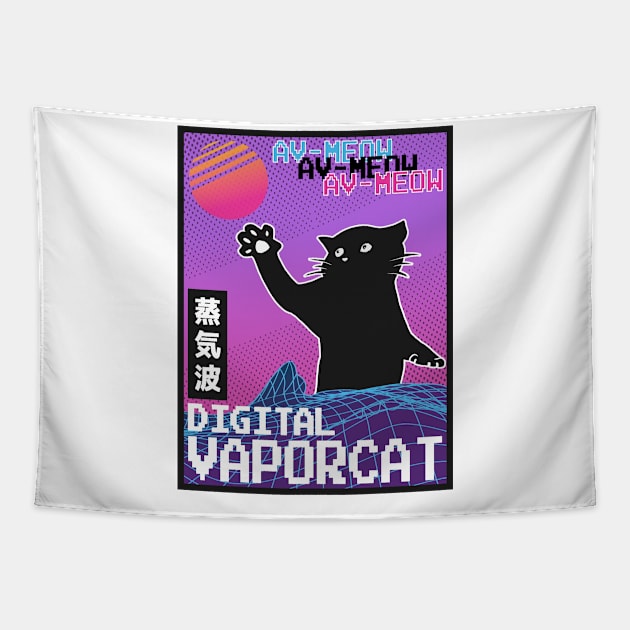 Vaporwave Aesthetic Style 80th Synthwave Cat Tapestry by Kuehni