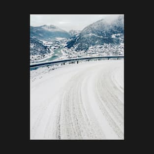 Wintertime in Norway - View on White Valley From Snow-Covered Mountain Road T-Shirt