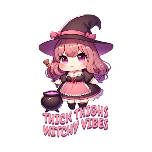 Thick Thighs Witchy Vibes Cute Kawaii Chubby Witch T-Shirt