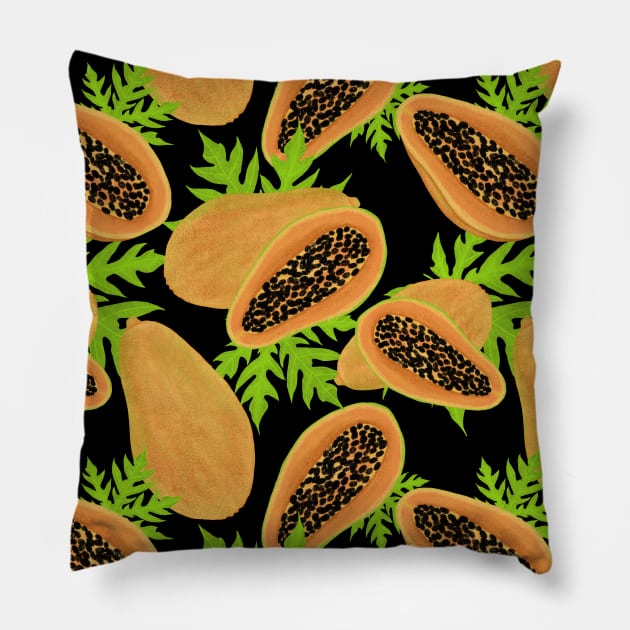 Papaya pattern - black background Pillow by Juliana Costa