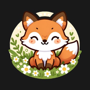 Cheerful Fox in Daisy Field - Whimsical Wildlife Art T-Shirt