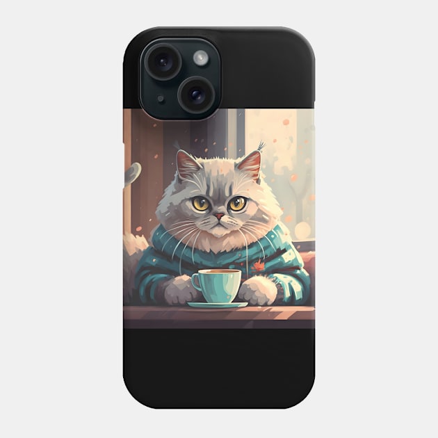 Cute cat in sweater having coffee Phone Case by Spaceboyishere