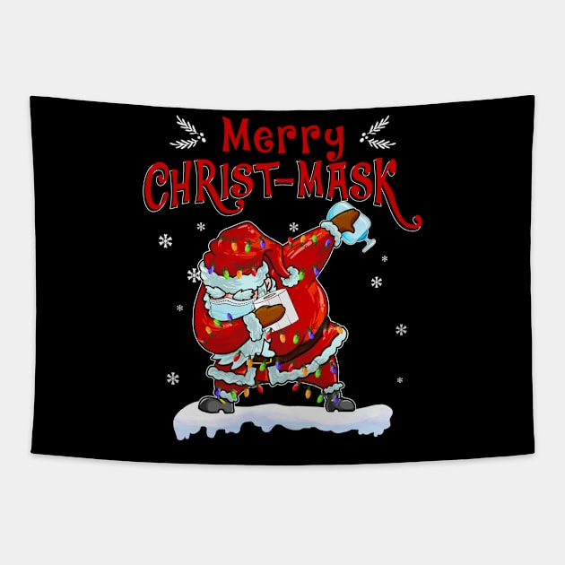 funny dabbing Santa merry Christ mask Christmas shirt | funny Christmas Santa wears mask shirt Tapestry by TeesCircle