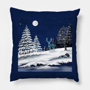 Deer In the Snowy Moonlight Pillow