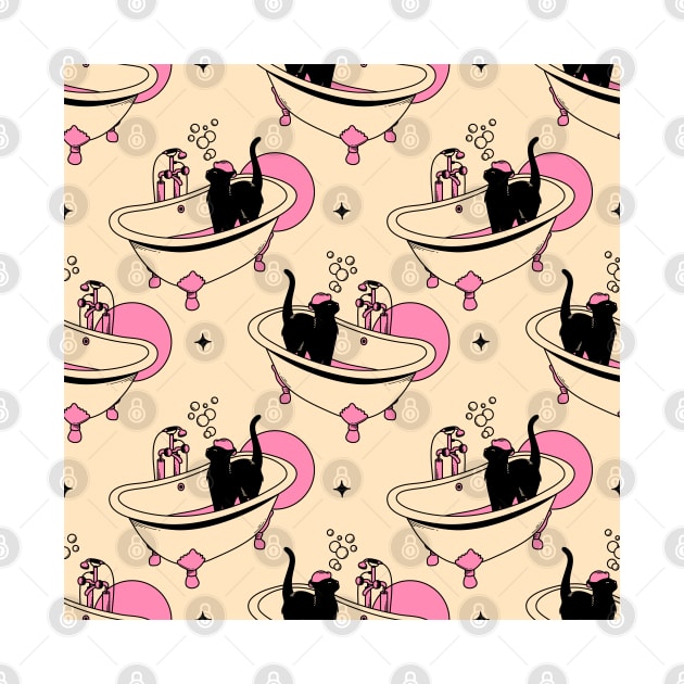 Spa Day Black Cat Pattern in beige by The Charcoal Cat Co.