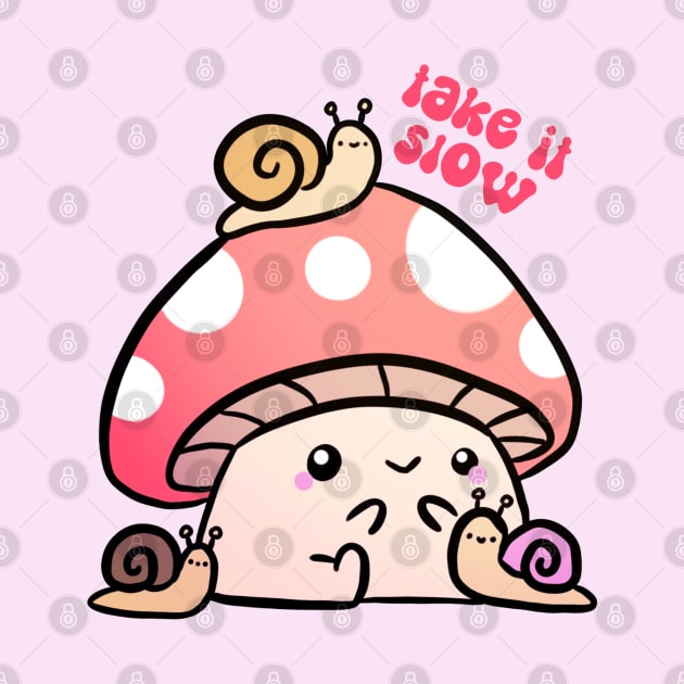 Take it slow a cute mushroom with snails friends by Yarafantasyart