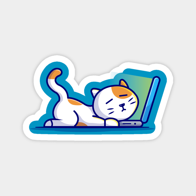 Cute Cat Working On Laptop With Coffee Cup Cartoon Vector Icon