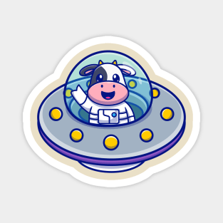 Cute Cow Astronaut in UFO Cartoon Magnet