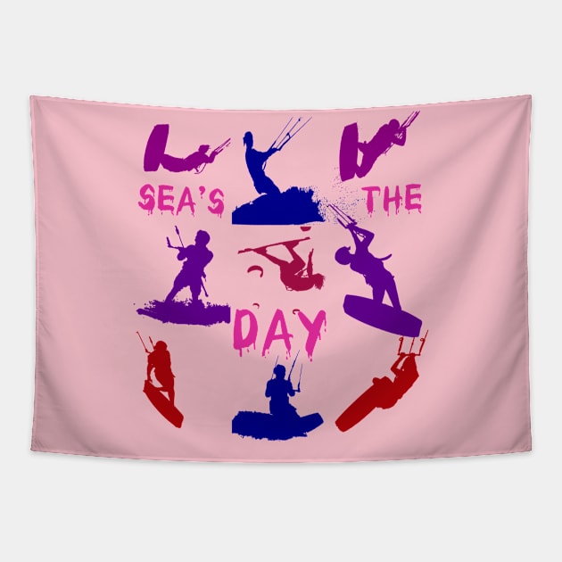 Kitesurfer Silhouette Pattern With Seas The Day Quote Tapestry by taiche