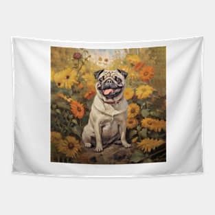 Cute Pug in Fall Flowers Tapestry