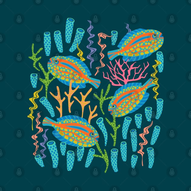 TROPICAL ZONE Coral Reef Fish Undersea Ocean Sea Creatures in Bright Colours on Dark Teal Blue - UnBlink Studio by Jackie Tahara by UnBlink Studio by Jackie Tahara