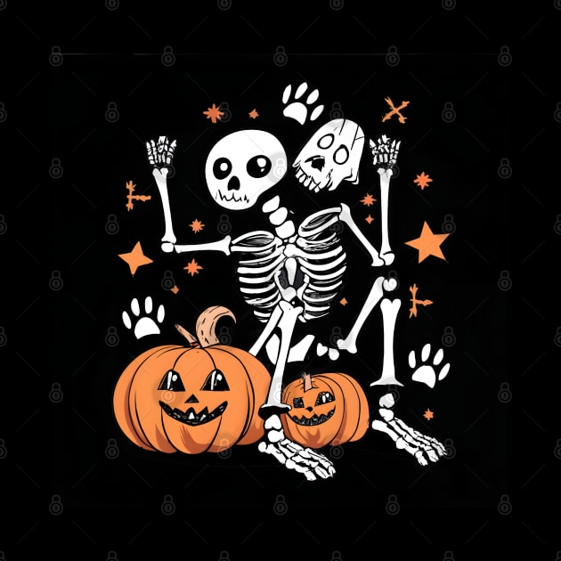 human skeleton sitting with dog skeleton halloween by Aldrvnd