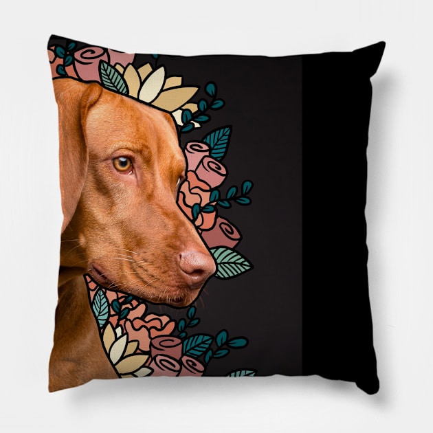 Weimaraner Photo Collage With Flowers and Roses Pillow by LittleFlairTee