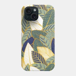 Leaf wall // pattern // navy blue pine and sage green leaves golden lines Phone Case