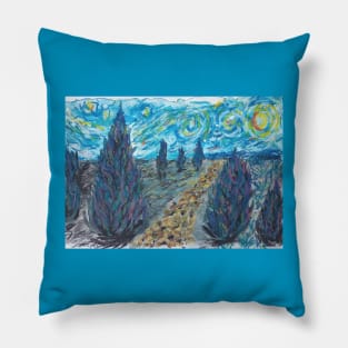 Starry night with Cypress trees Pillow