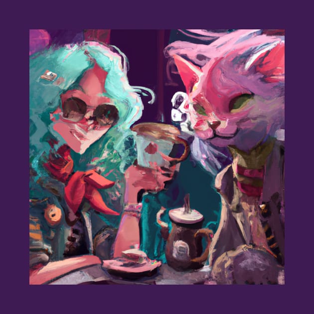 Blue Haired Girl and Fancy Cat Share Tea at a Cafe by Star Scrunch