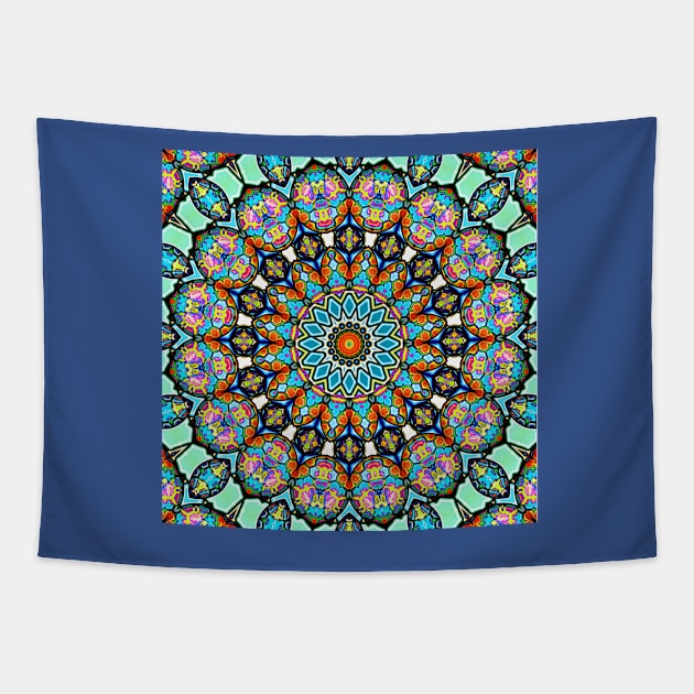 Blue Stained Glass Square Mandala Tapestry by SeaChangeDesign