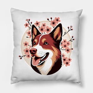 Australian Kelpie Enjoys Spring Amid Cherry Blossoms Pillow