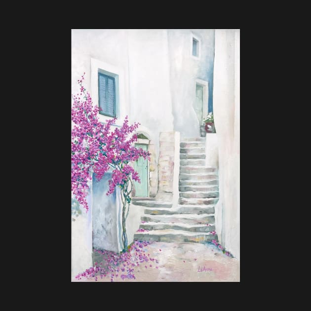 Mediterranean street with bouganville oil painting by LeanneTalbot