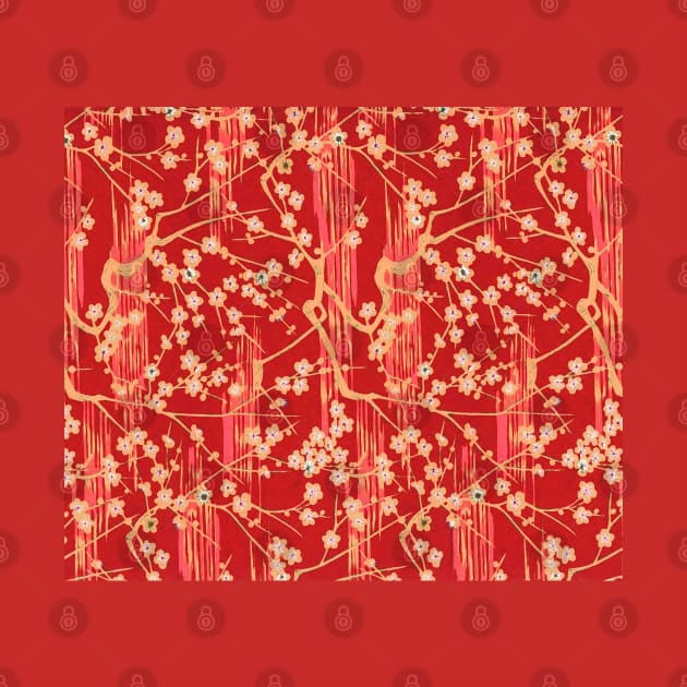 SAKURA FLOWERS IN RED Antique Japanese Floral Pattern by BulganLumini