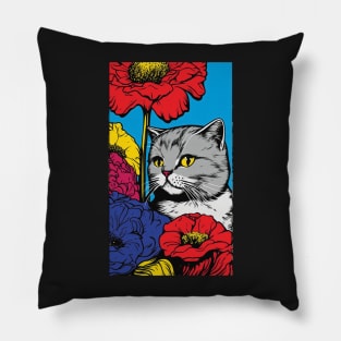 Scottish Fold Cat Vibrant Tropical Flower Tall Retro Vintage Digital Pop Art Portrait 2 Pillow