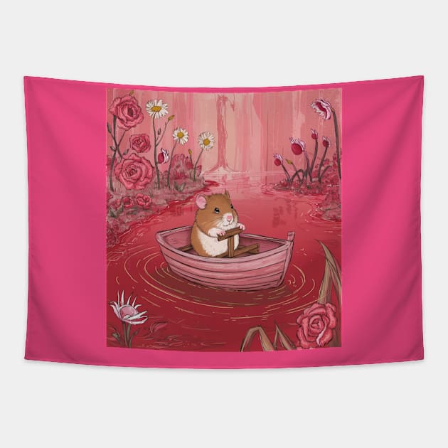 AI generated floral lake hamster on boat Tapestry by Catbrat