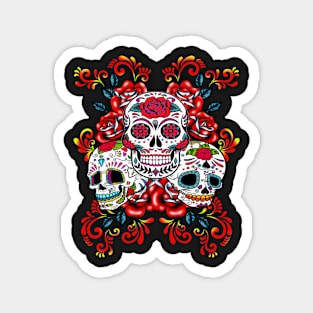 Triple Skull Red Floral Day Of The Dead Sugar Skulls Magnet