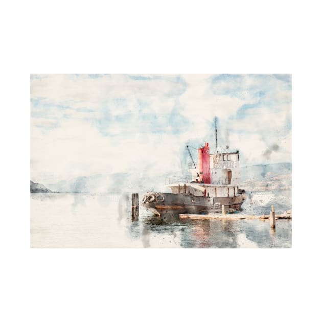 Watercolor Canadian National Tug No. 6 on Okanagan Lake by Amy-K-Mitchell