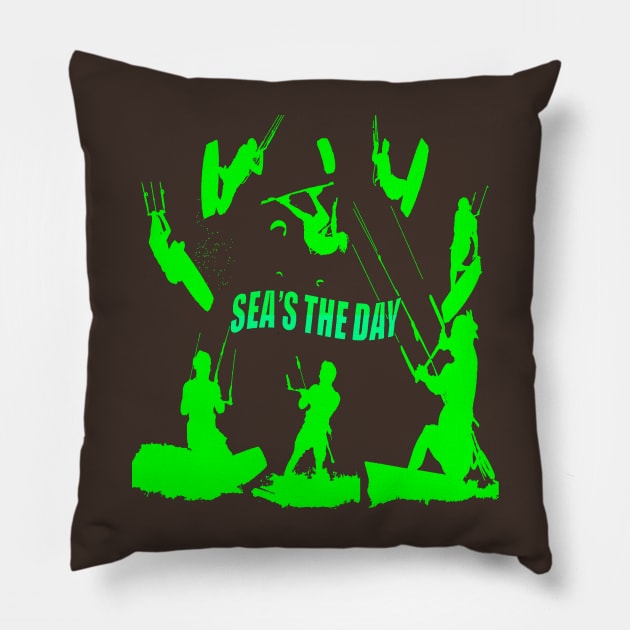 Kitesurfer Pattern Lime Green Silhouette Seas The Day Fun Pun Pillow by taiche