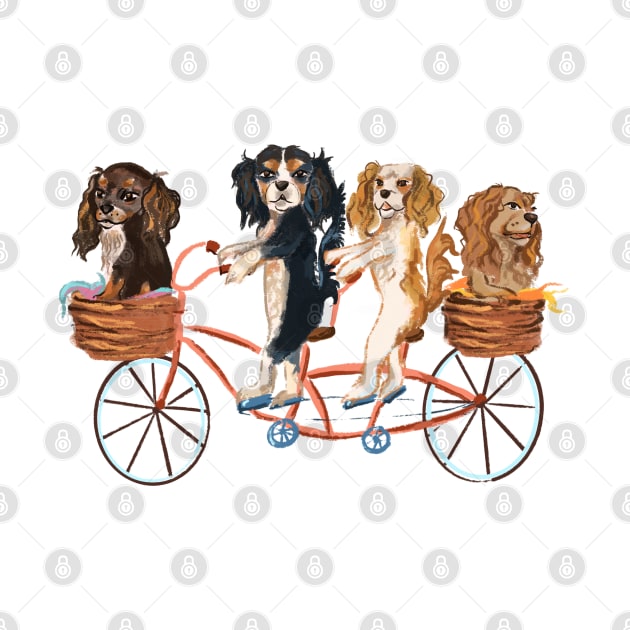 Four Cavalier King Charles Spaniels Riding a Bike by Cavalier Gifts