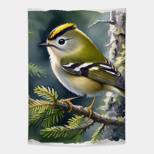 Colorful Golden-Crowned Kinglet - Watercolor Bird Tapestry by Aquarelle Impressions