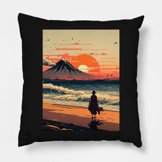 girl watching setting sun on the beach ukiyo e Pillow by SJG-digital