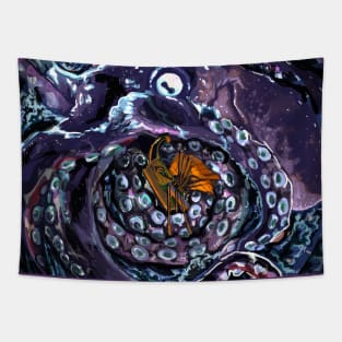 Kraken vs Greek vessel Blue Tapestry